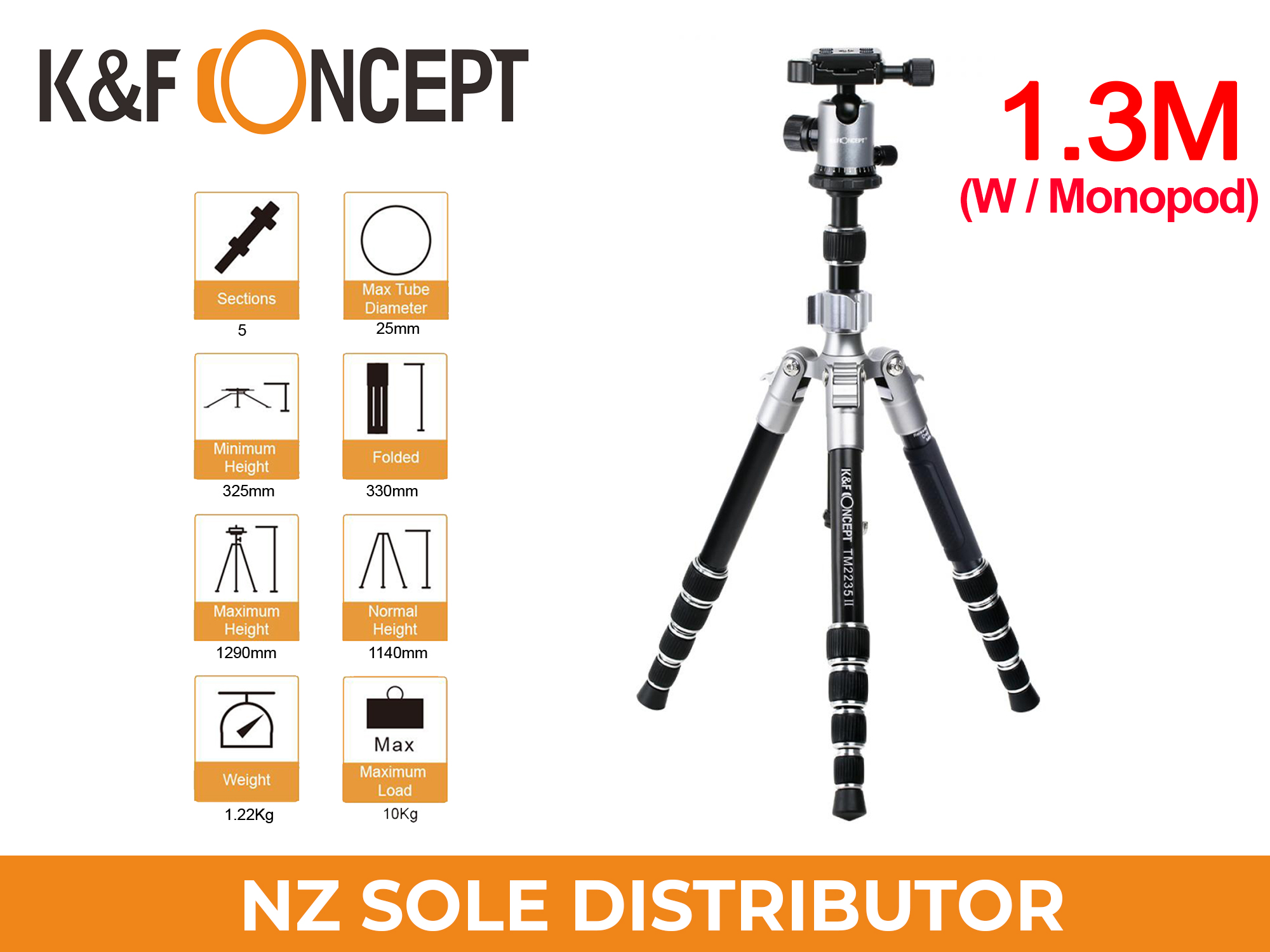 K&F Concept TM2235 II Lightweight DSLR Camera Aluminum Tripod With Monopod